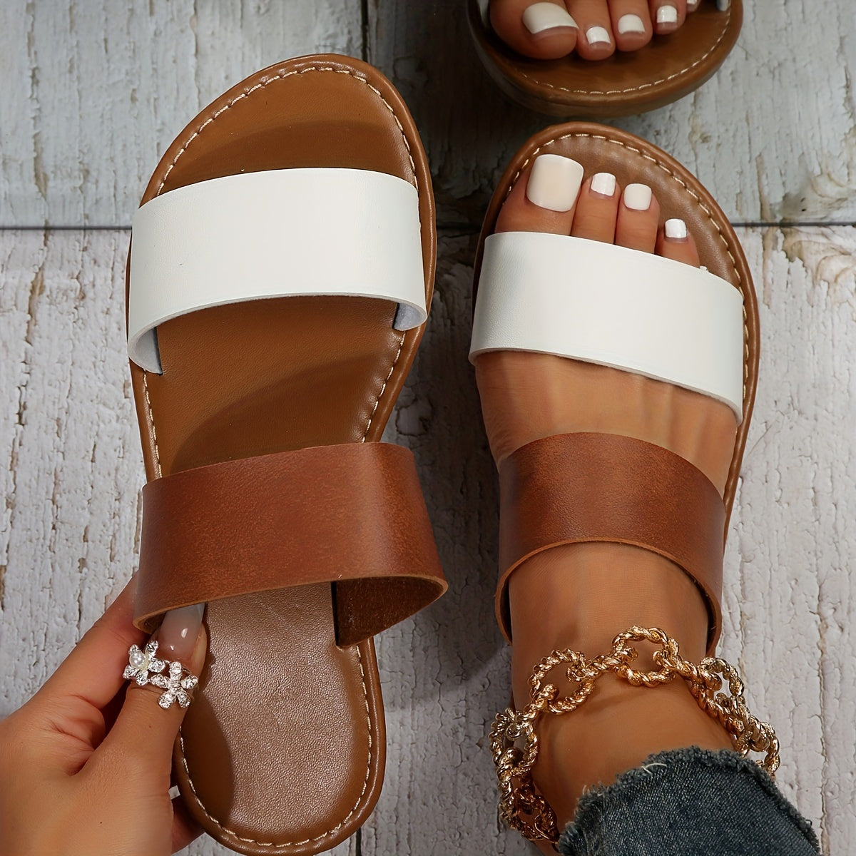 Women's Contrast Color Slide Sandals, Casual Slip On Flat Summer Shoes, Lightweight Beach Shoes